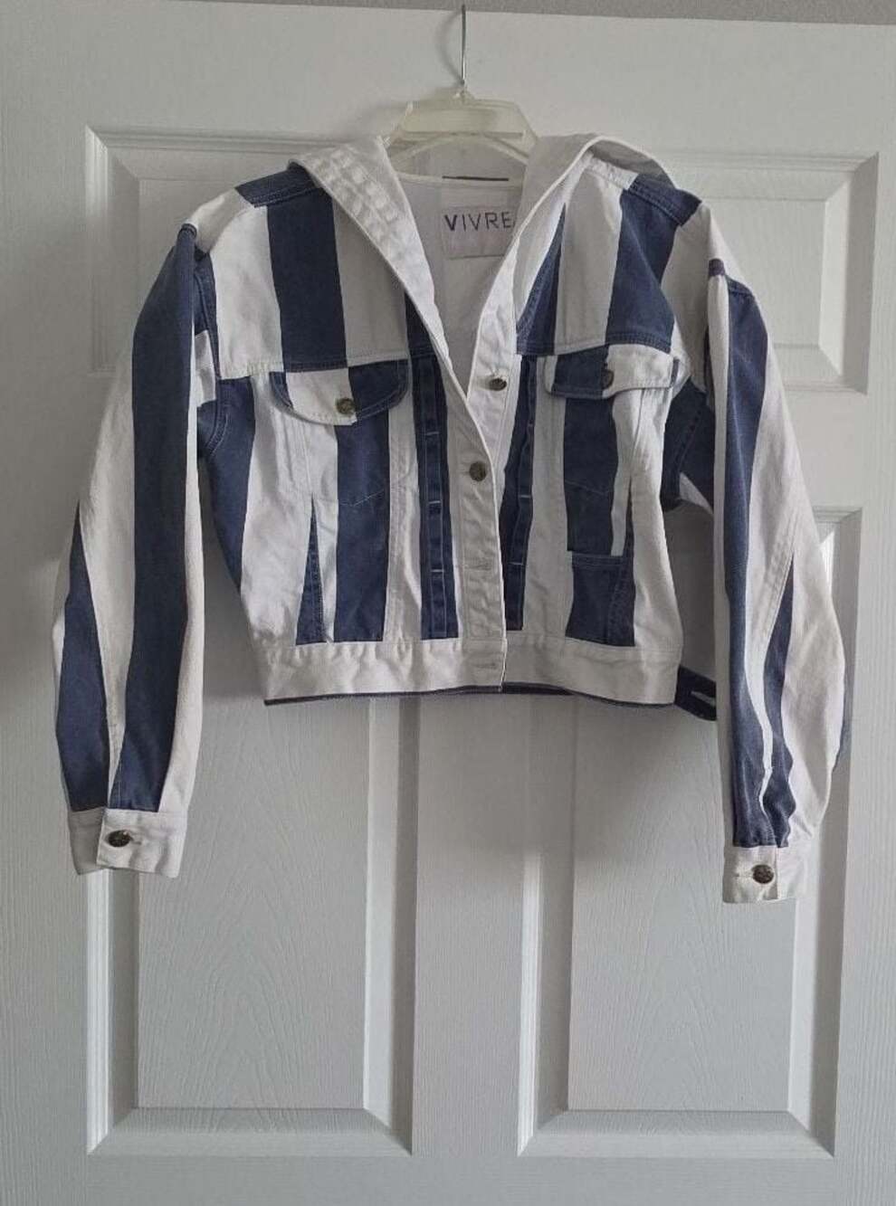 VTG VIVRE Jeans Striped Cropped Denim Jacket Sz Small Blue White Stars 80s 90s